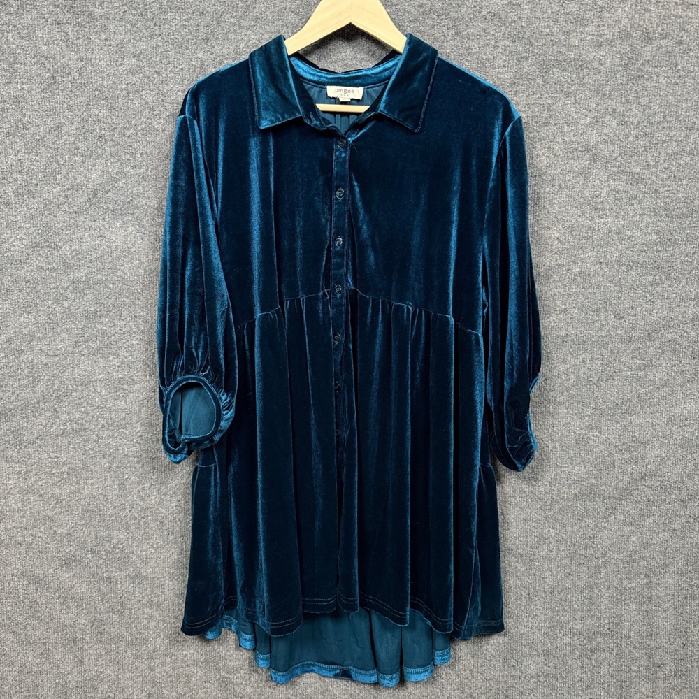 Umgee USA Large Shirt Dress Teal Mini Tiered Jewel Tone Velour Party‎ Cocktail